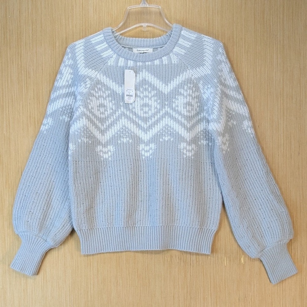 Francescas Gray White Fair Isle Crewneck Sweater Balloon Sleeve Cozy Medium NEW